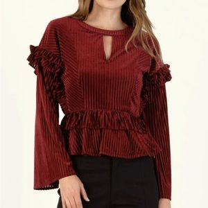 Lucca Women’s Tahoe Ruffle Stripe Blouse Sz XS Merlot Red Holiday Party Bohemian